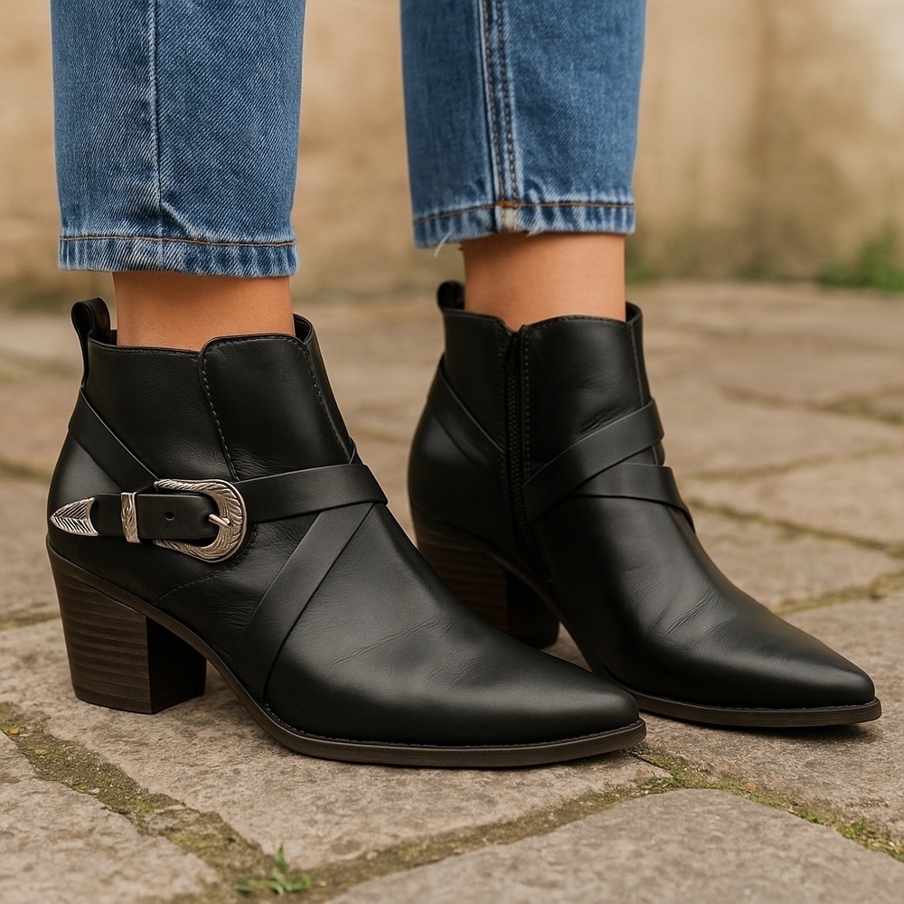 London Rag Womens Harlie Black Western Buckle Pointed Ankle Heeled Boots Boho 8